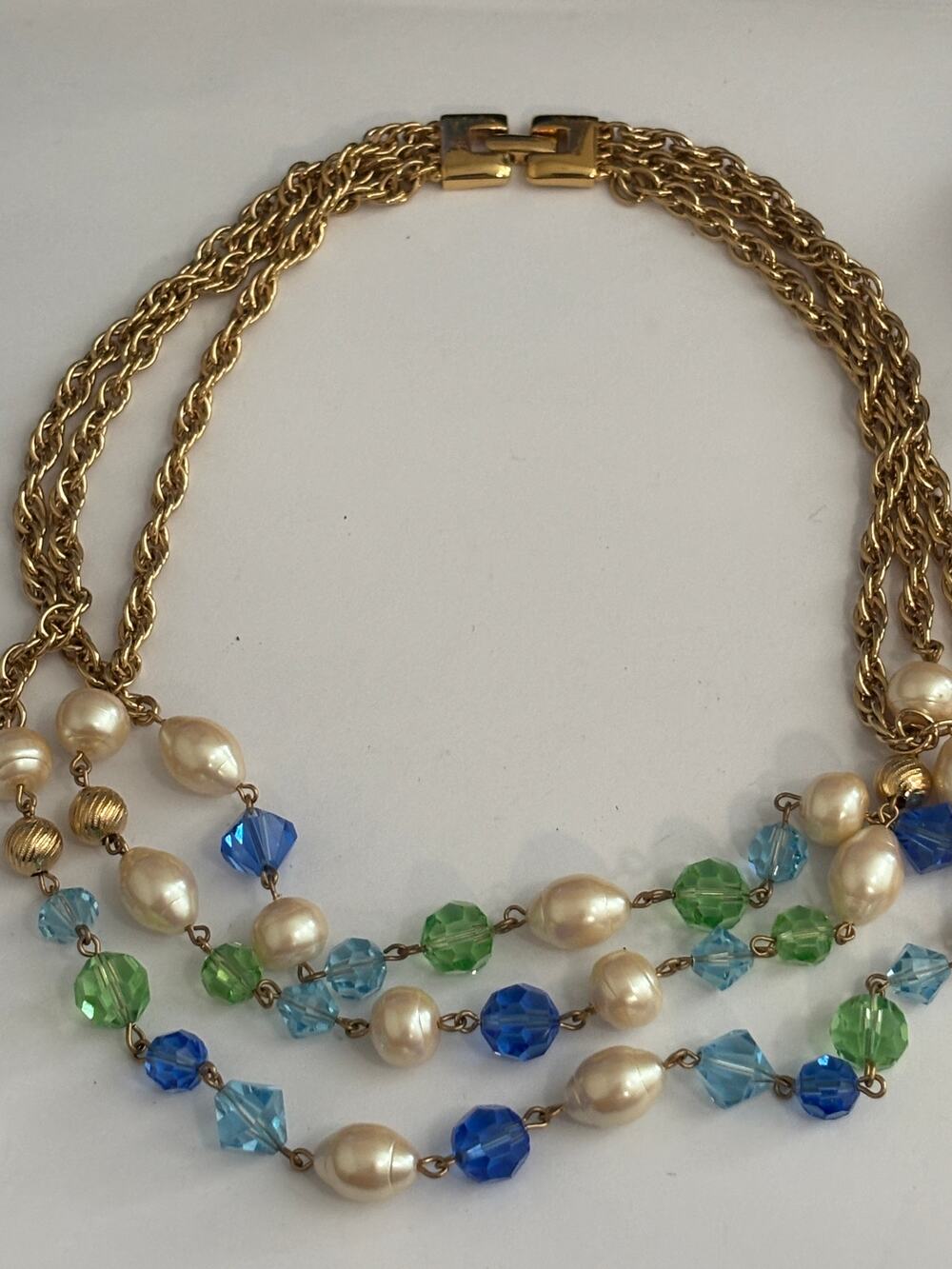 Monet Vintage Triople Strand Collar Necklace Blue Green Faceted Glass Beads